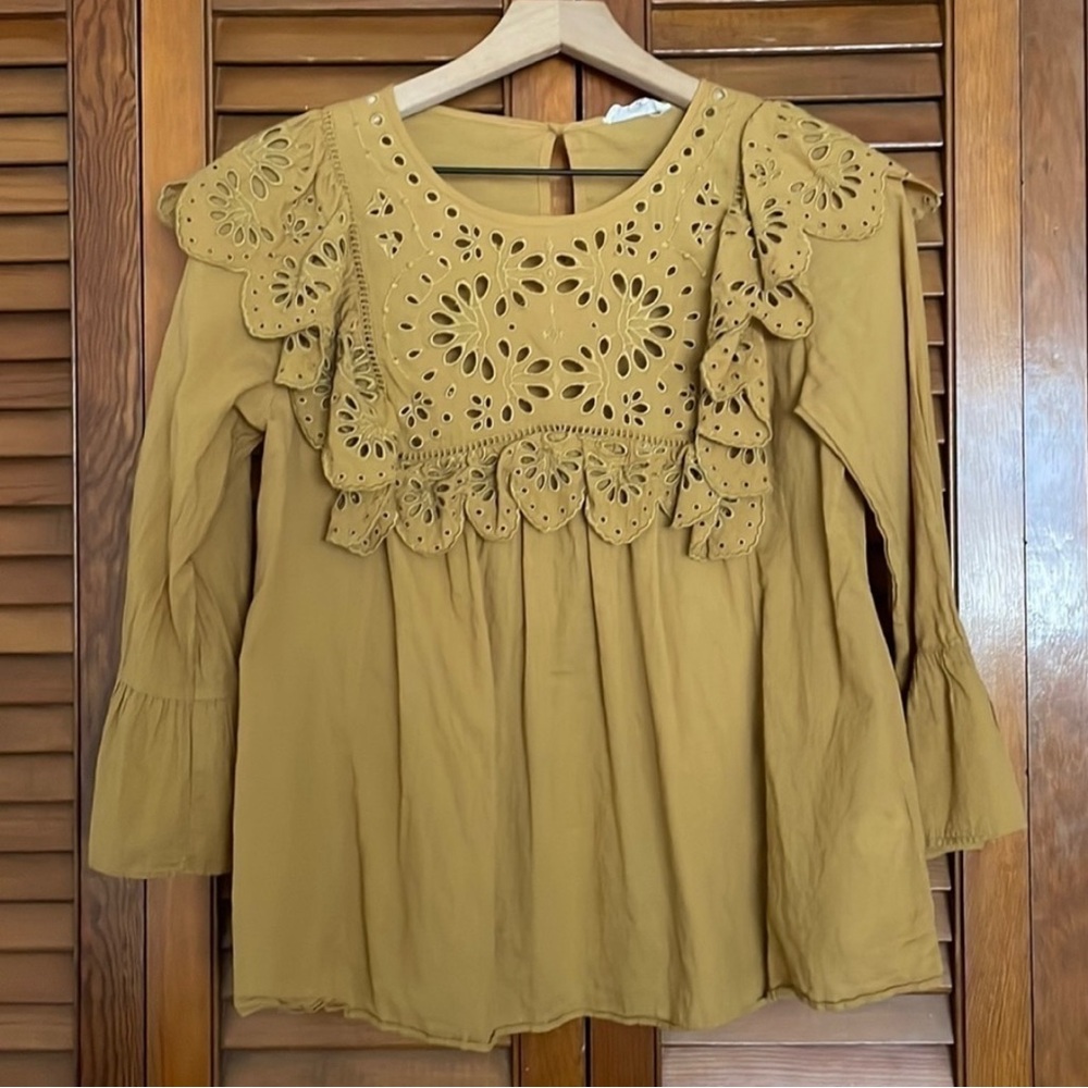 A Loves A Mustard Eyelet Ruffle Blouse